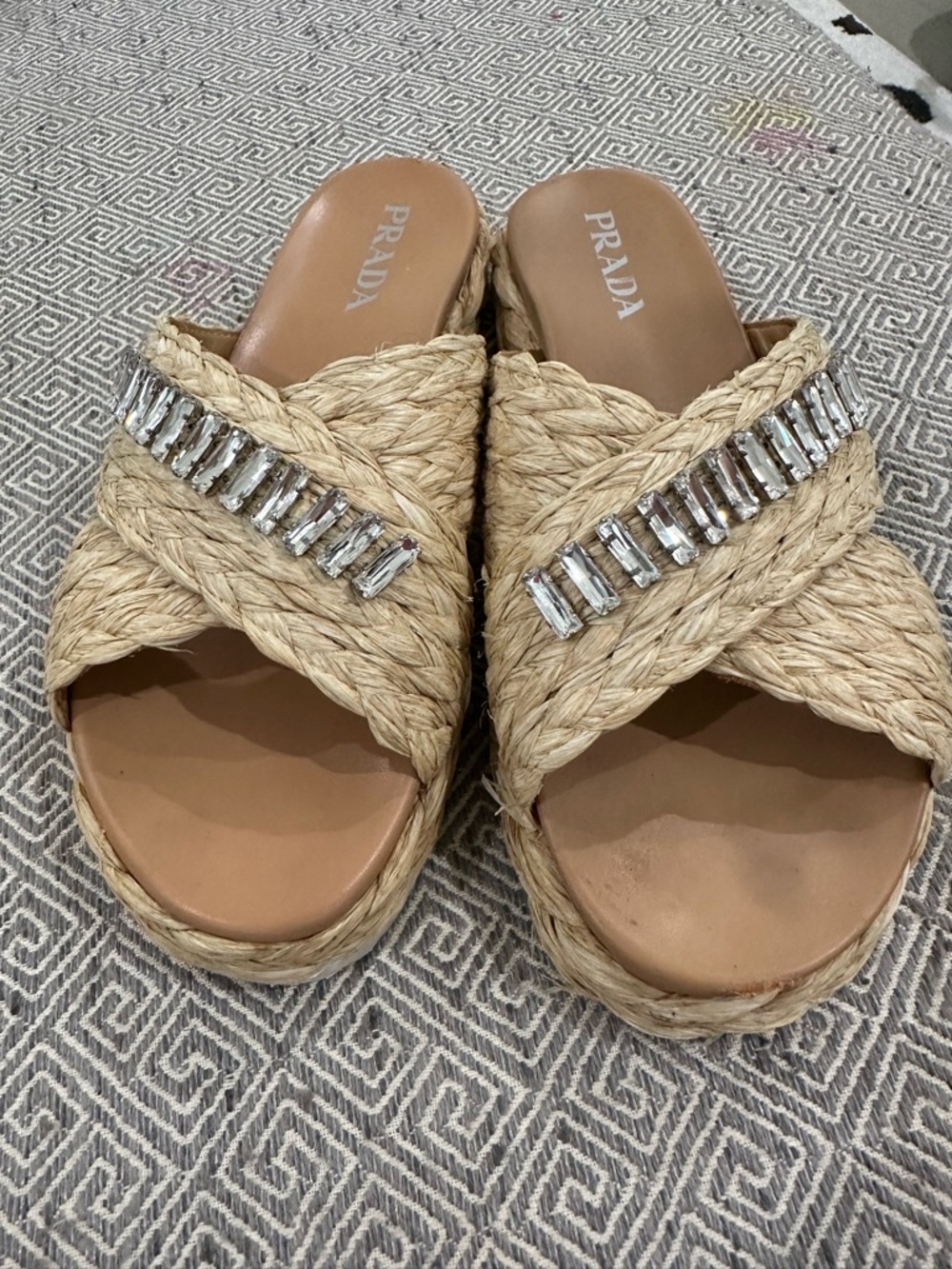 Prada Natural Raffia Slide Sandals with Crystal Straps